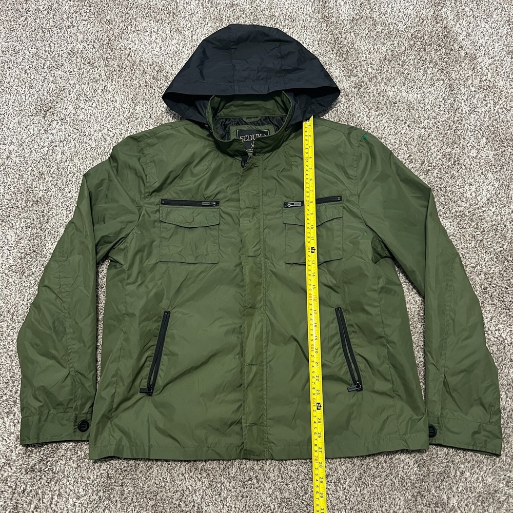 Seduka Army Style Jacket Men's XL Green Buttons Full Zip Concealable Hood